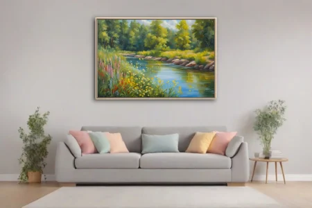 Painterly summer river landscape with wildflowers, rocky bank and lush trees in soft pastoral tones