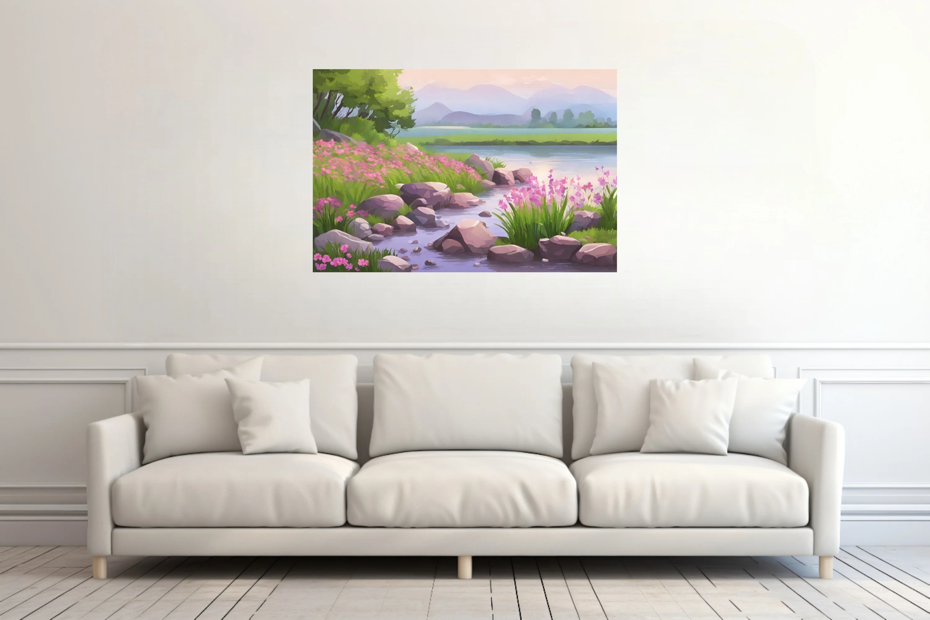 Cartoon-style spring river landscape with pink wildflowers, rocks, and misty mountains