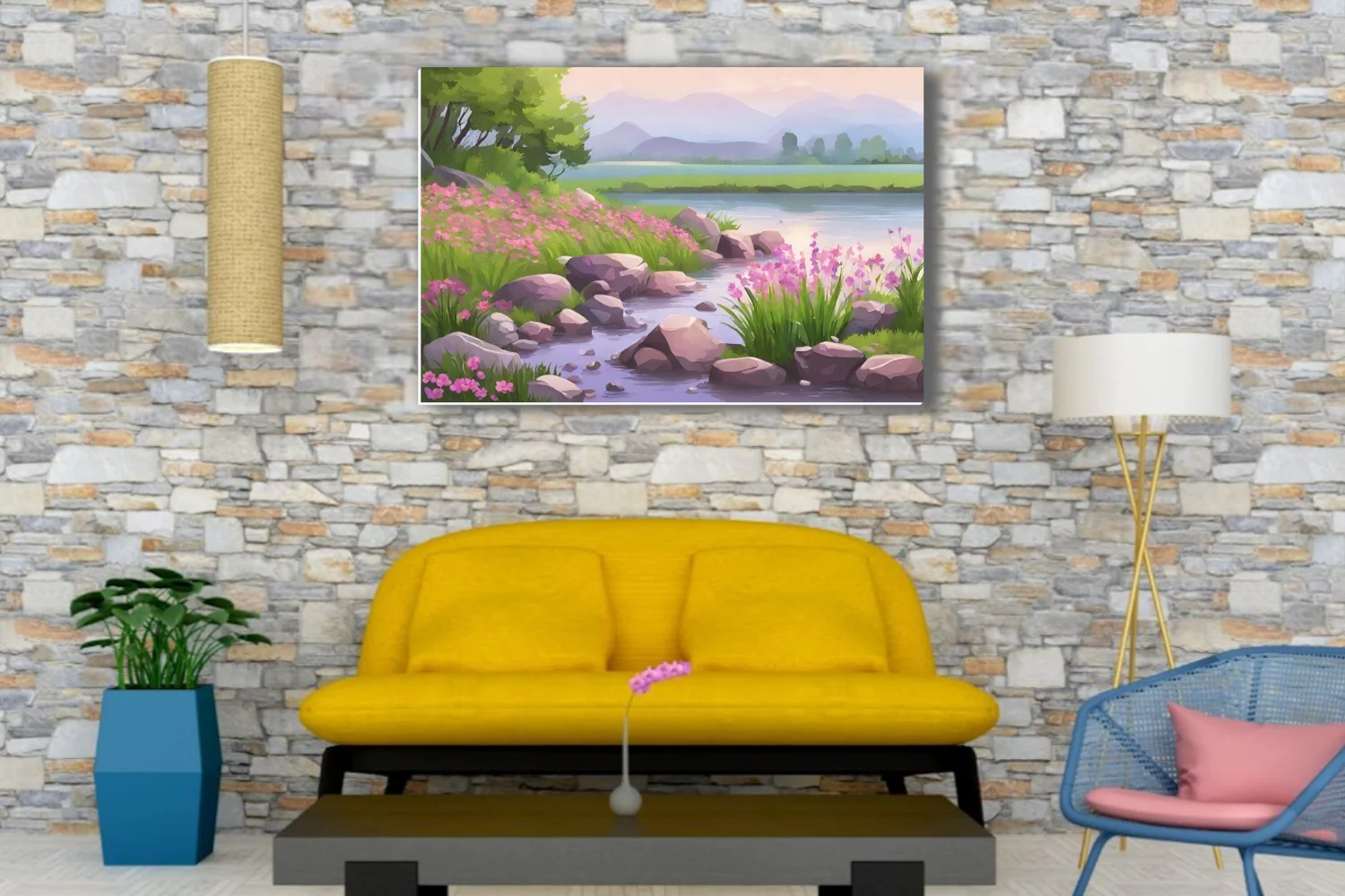 Cartoon-style spring river landscape with pink wildflowers, rocks, and misty mountains