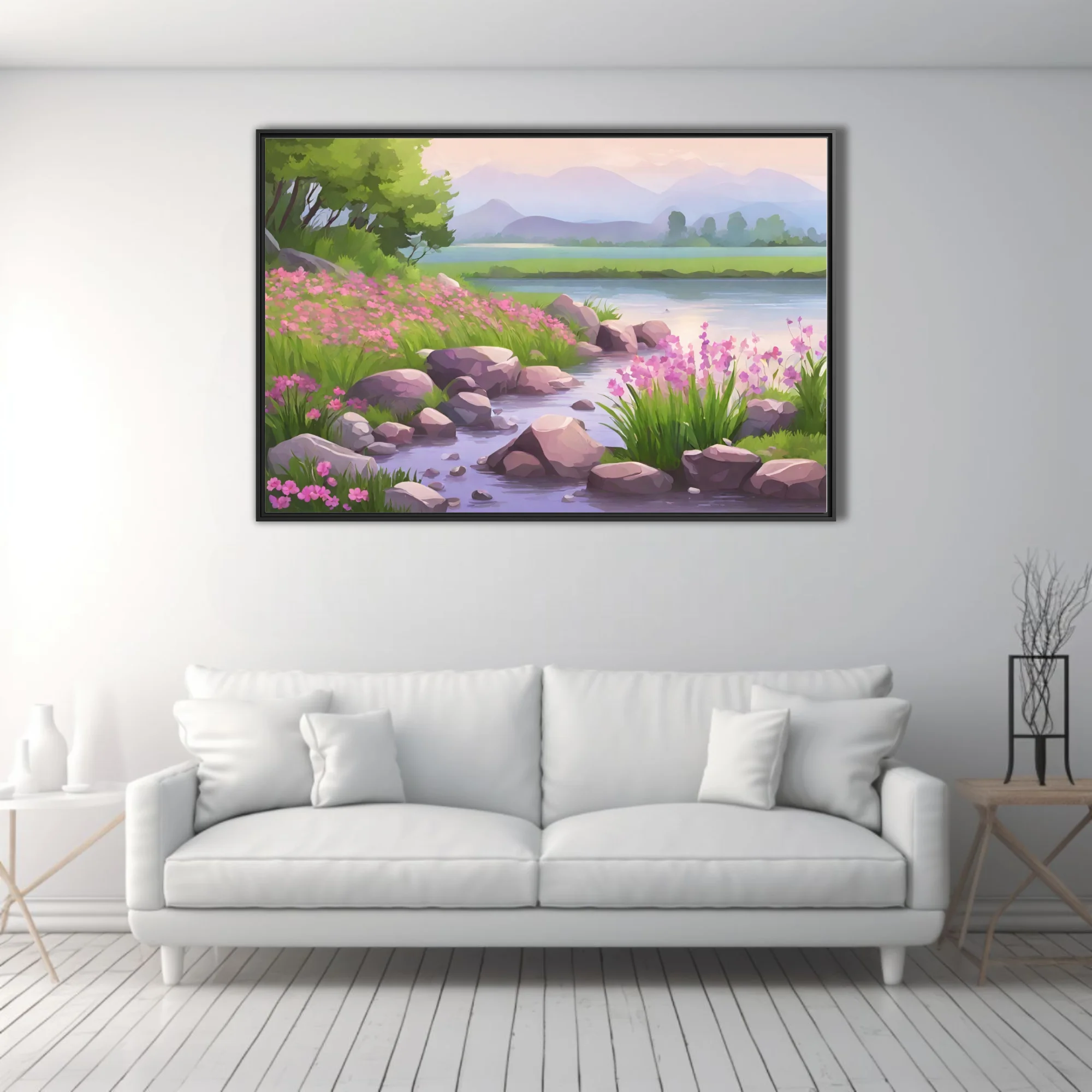 Cartoon-style spring river landscape with pink wildflowers, rocks, and misty mountains