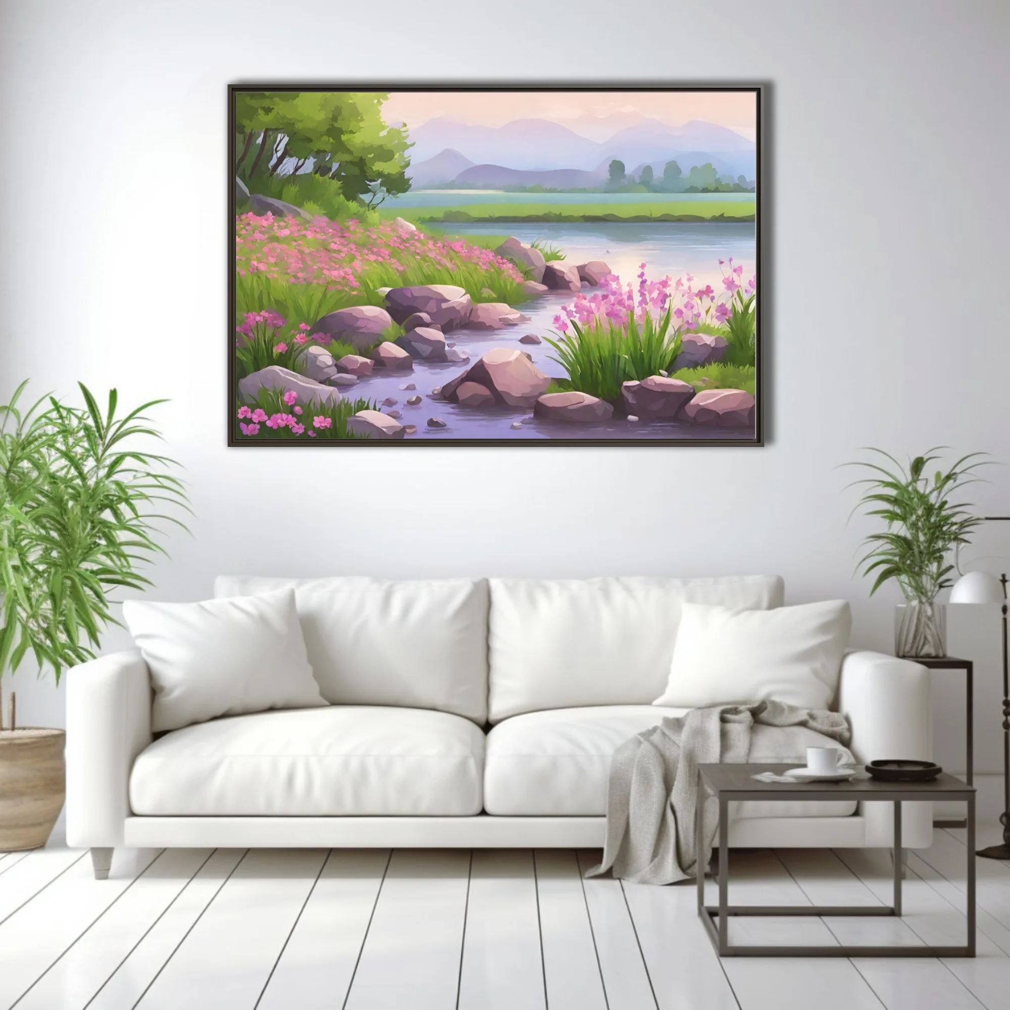 Cartoon-style spring river landscape with pink wildflowers, rocks, and misty mountains