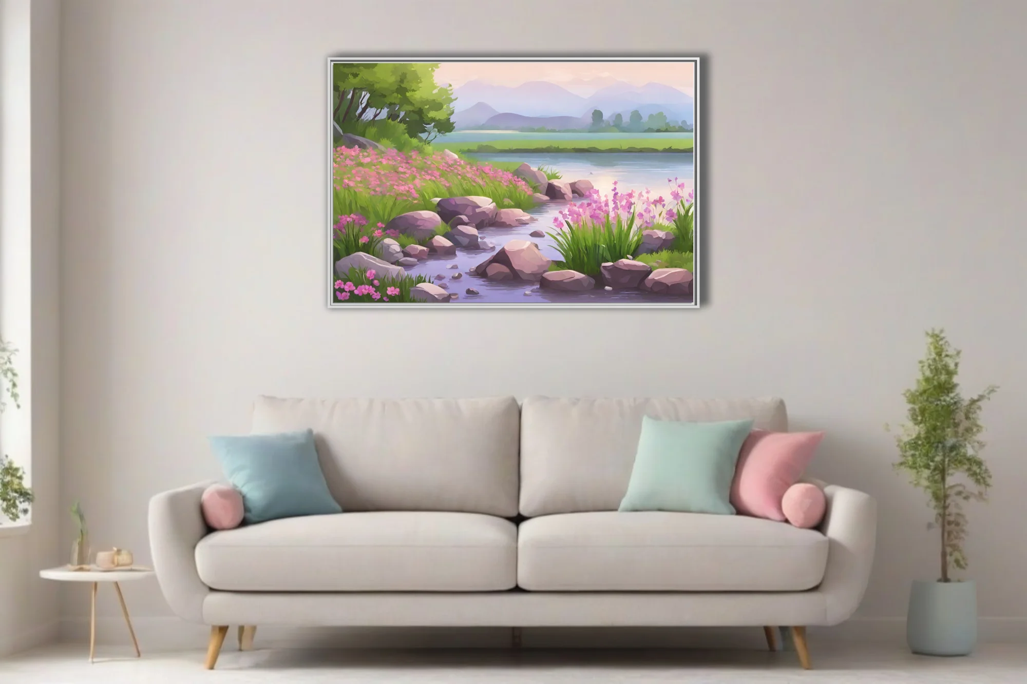 Cartoon-style spring river landscape with pink wildflowers, rocks, and misty mountains