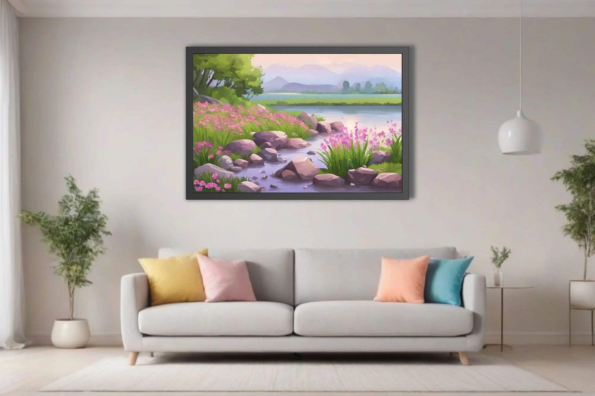 Cartoon-style spring river landscape with pink wildflowers, rocks, and misty mountains