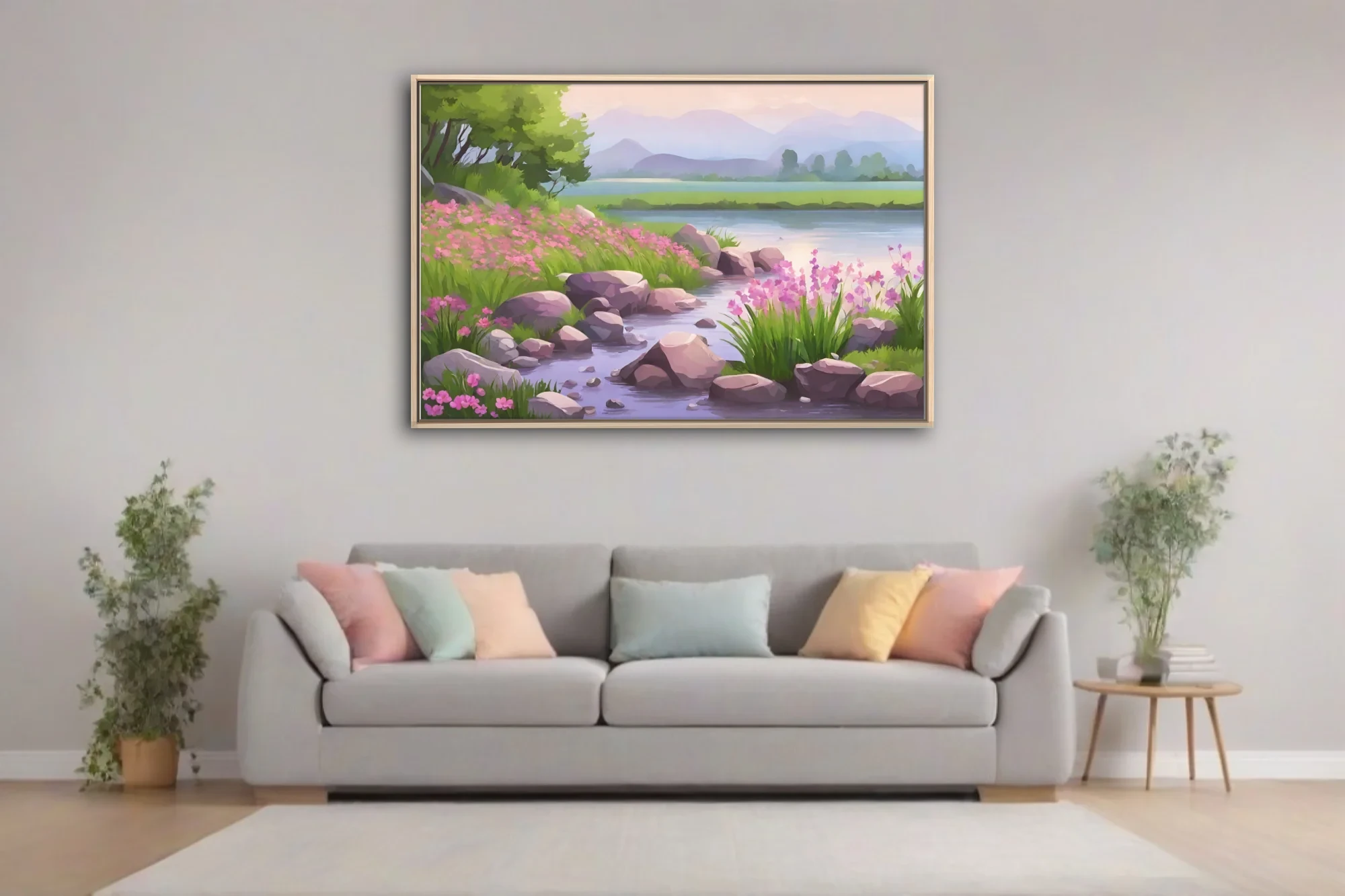 Cartoon-style spring river landscape with pink wildflowers, rocks, and misty mountains