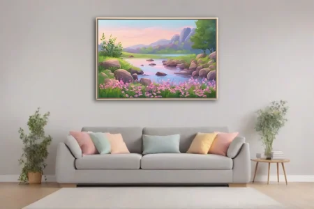 Pastel animated-style river landscape with wildflowers, boulders, and mountain backdrop