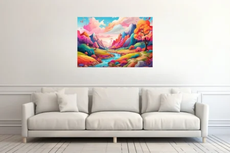 Vibrant fantasy landscape illustration with colorful mountains, stream, and blooming trees