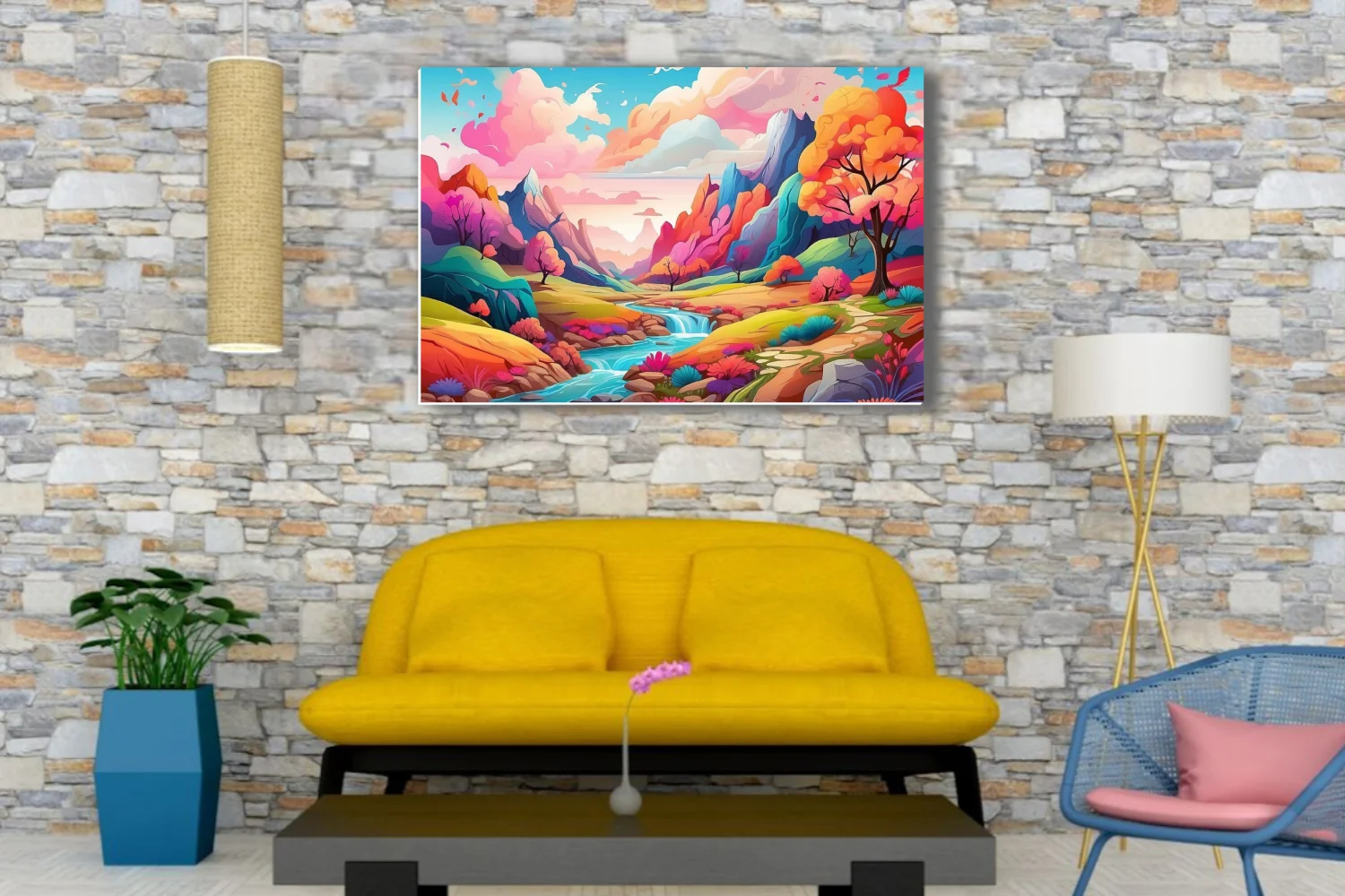 Vibrant fantasy landscape illustration with colorful mountains, stream, and blooming trees
