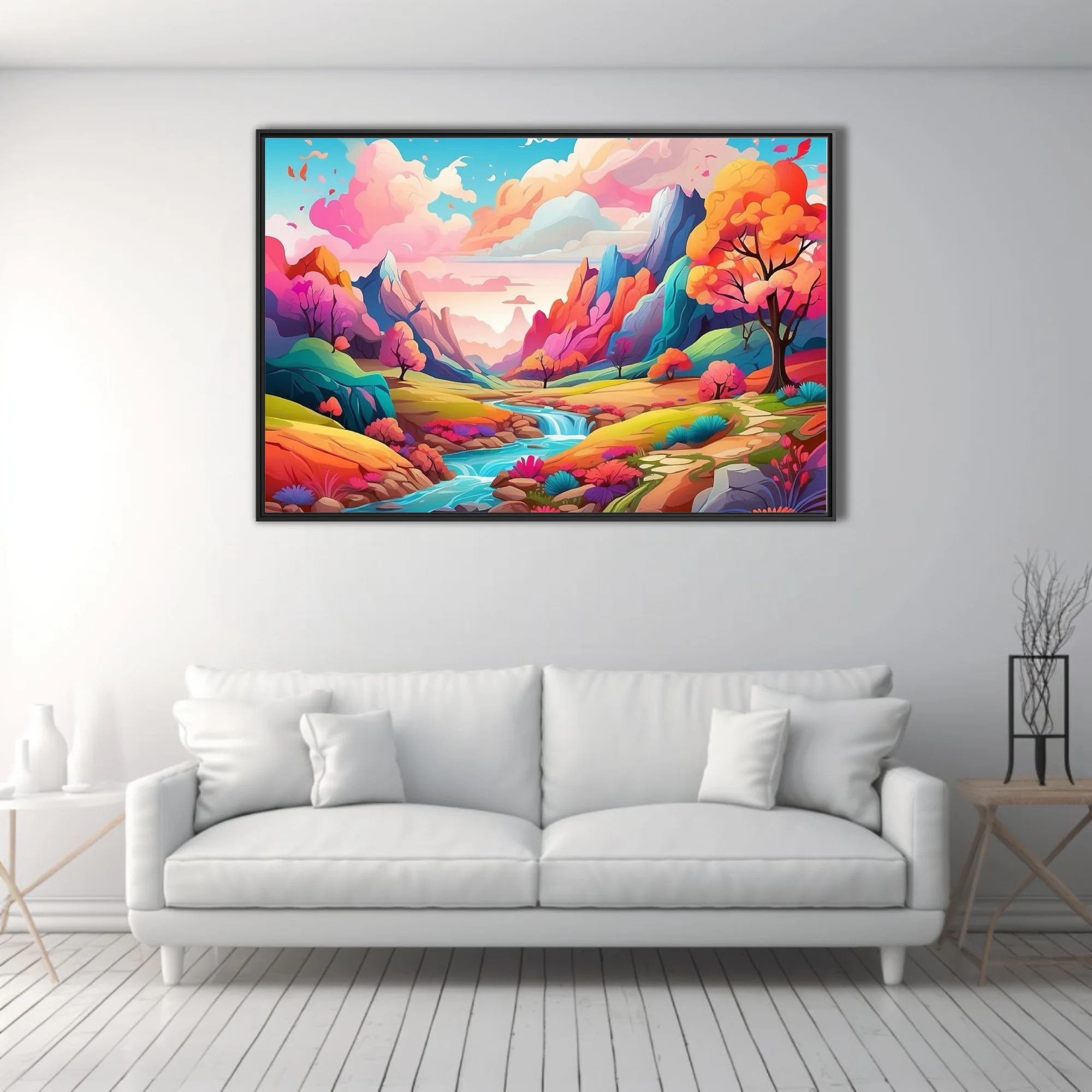 Vibrant fantasy landscape illustration with colorful mountains, stream, and blooming trees