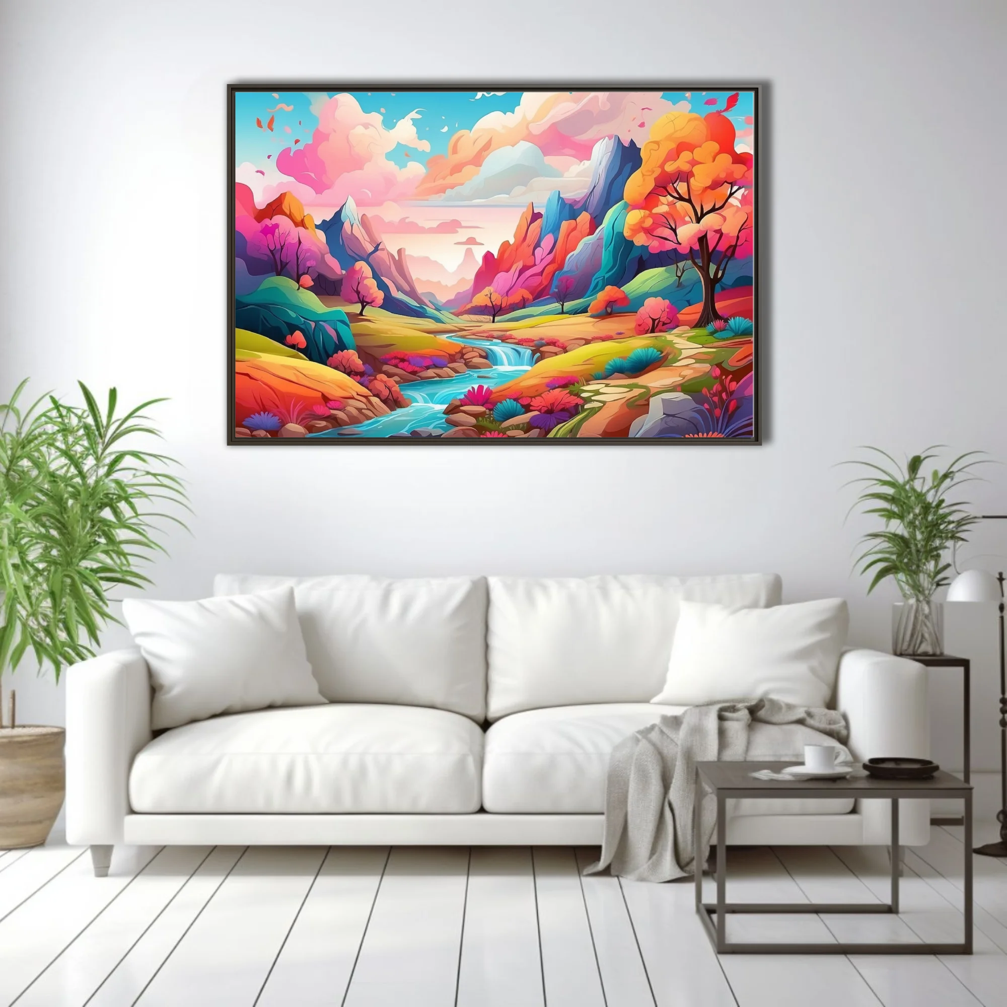 Vibrant fantasy landscape illustration with colorful mountains, stream, and blooming trees