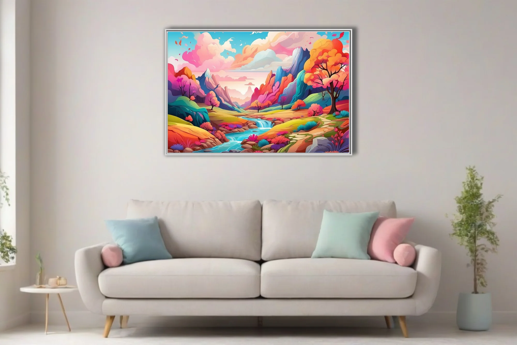 Vibrant fantasy landscape illustration with colorful mountains, stream, and blooming trees