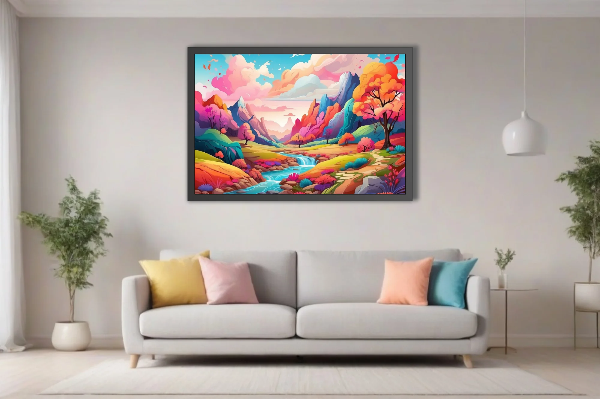 Vibrant fantasy landscape illustration with colorful mountains, stream, and blooming trees