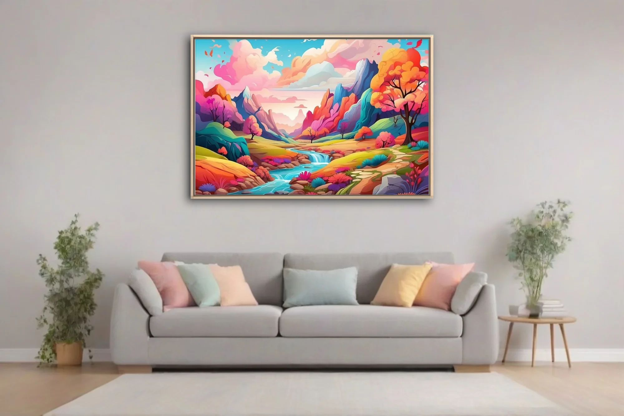Vibrant fantasy landscape illustration with colorful mountains, stream, and blooming trees