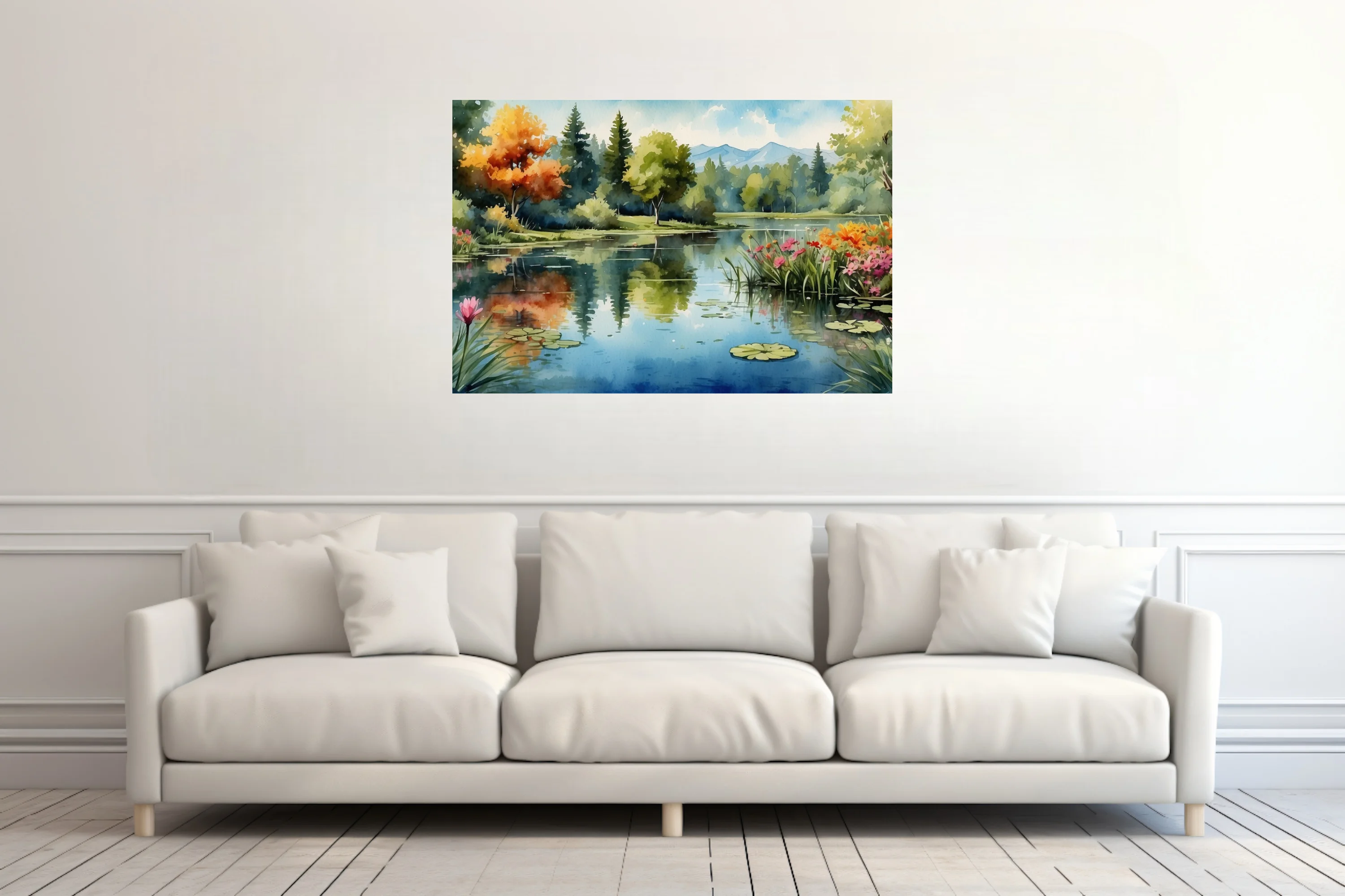 Watercolor-style lake landscape with lily pads, wildflowers, autumnal trees, and misty mountains