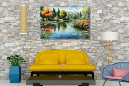 Watercolor-style lake landscape with lily pads, wildflowers, autumnal trees, and misty mountains