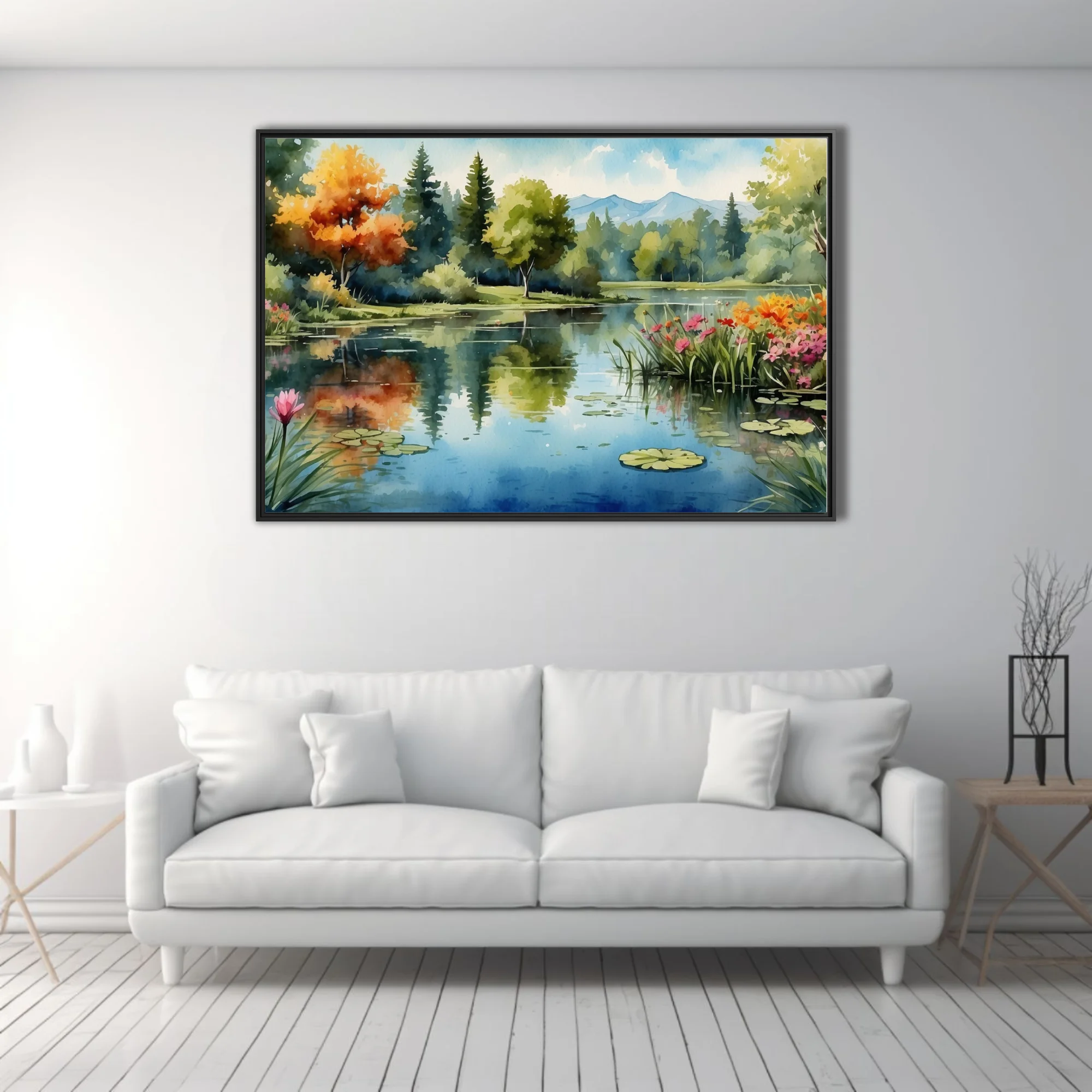 Watercolor-style lake landscape with lily pads, wildflowers, autumnal trees, and misty mountains