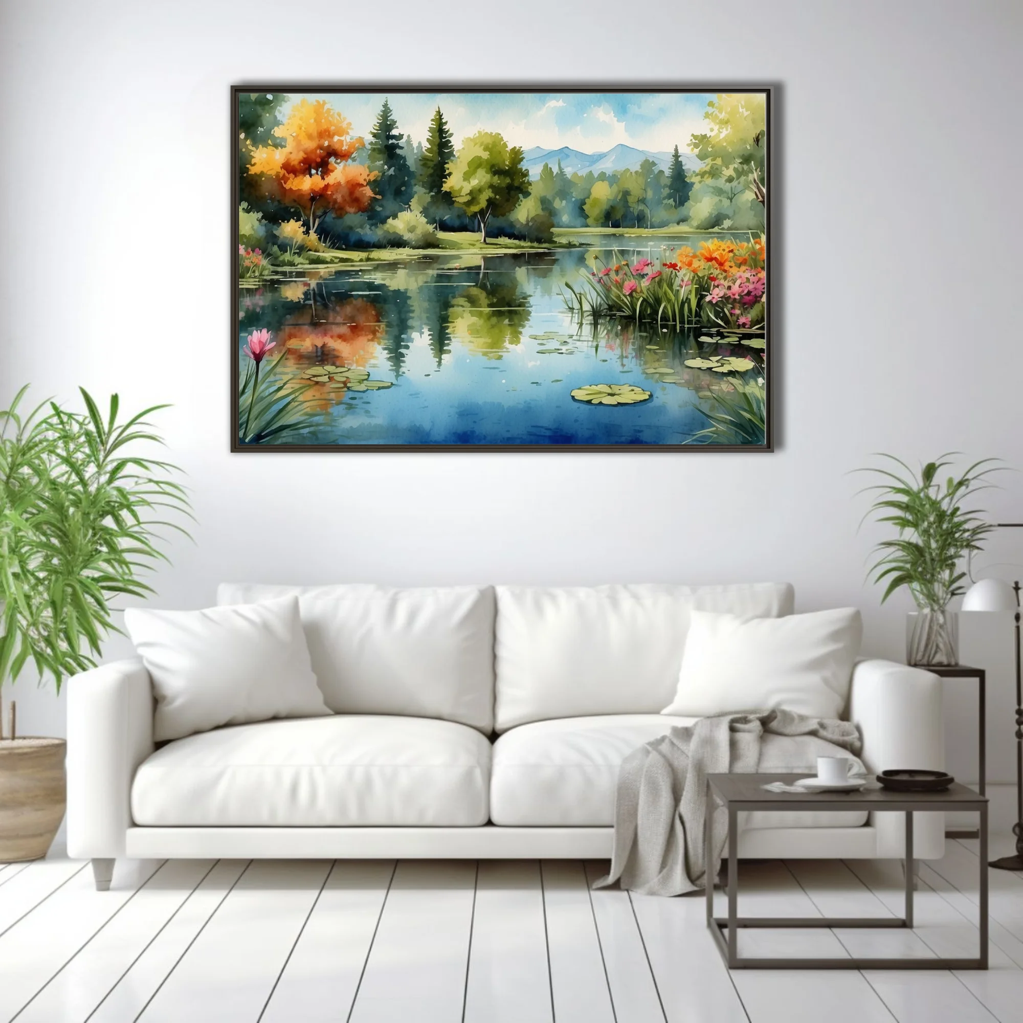 Watercolor-style lake landscape with lily pads, wildflowers, autumnal trees, and misty mountains