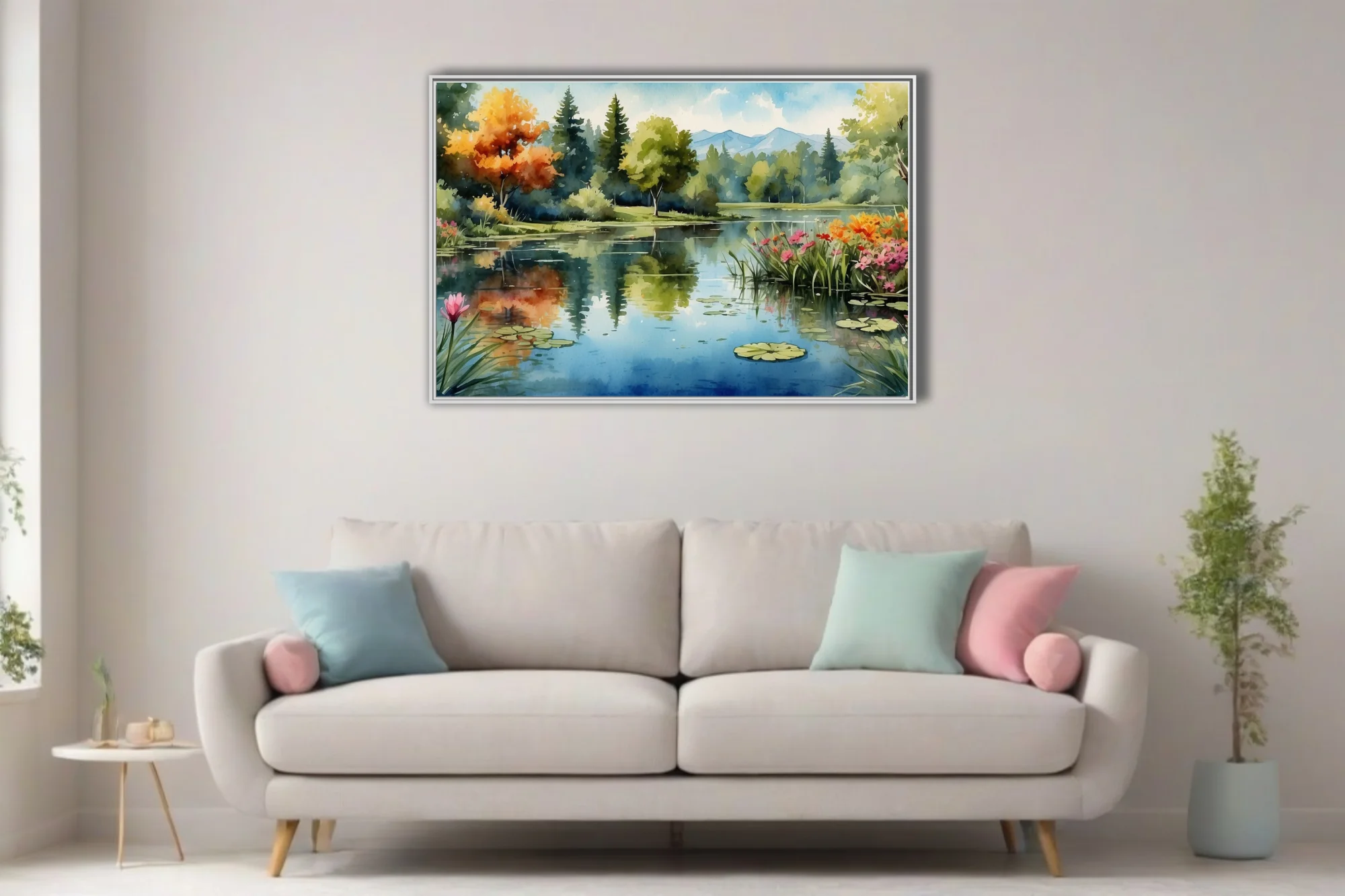 Watercolor-style lake landscape with lily pads, wildflowers, autumnal trees, and misty mountains