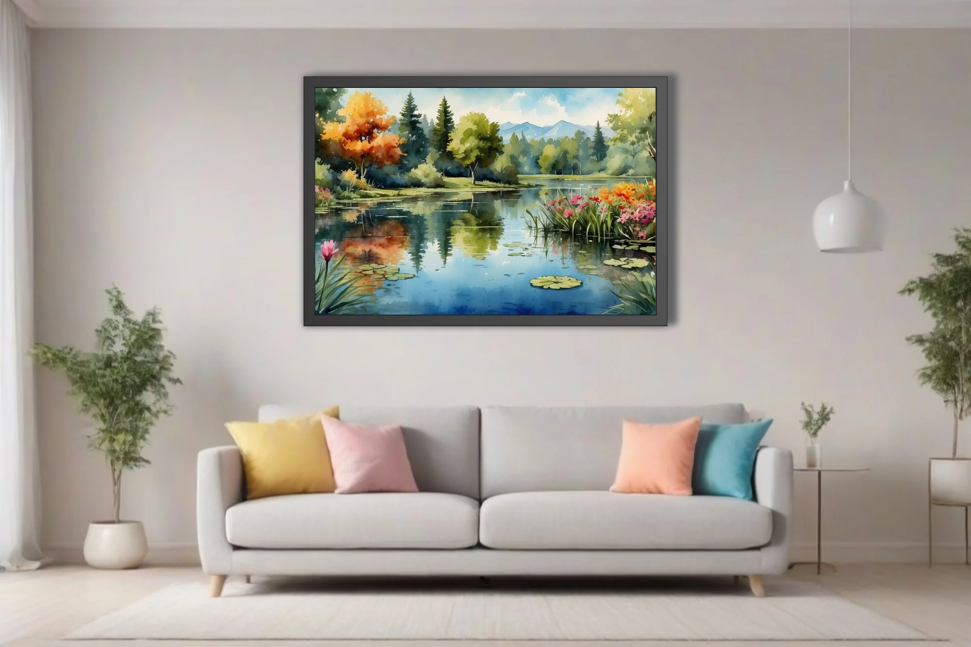 Watercolor-style lake landscape with lily pads, wildflowers, autumnal trees, and misty mountains