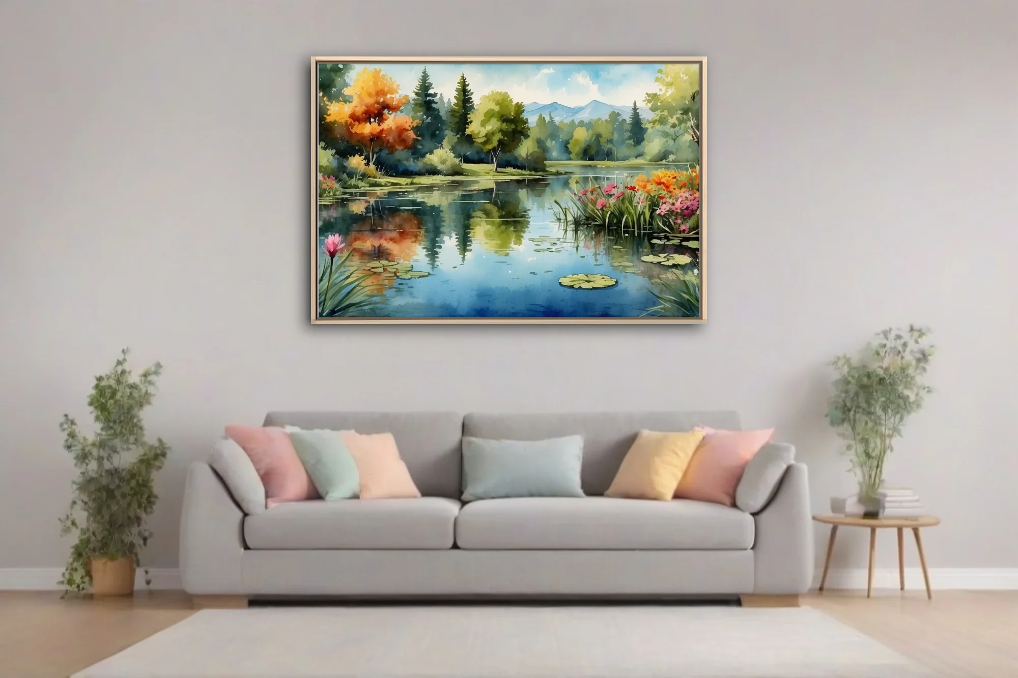 Watercolor-style lake landscape with lily pads, wildflowers, autumnal trees, and misty mountains