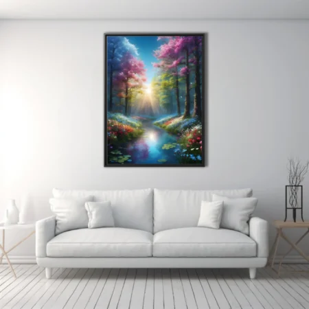 Fantasy forest landscape with glowing sun rays, colorful trees, and flower-lined waterway