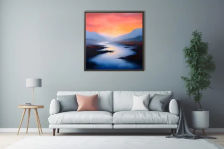 Soft-focus river landscape at dusk with coral sky, misty indigo mountains, dreamy painterly mood.