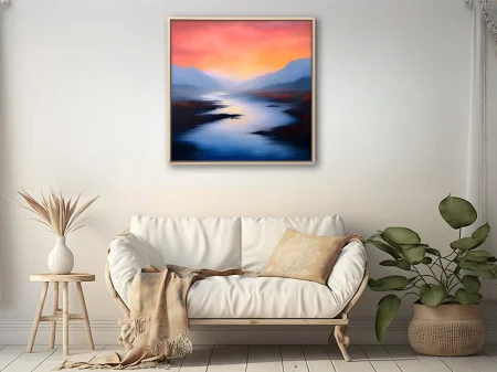 Soft-focus river landscape at dusk with coral sky, misty indigo mountains, dreamy painterly mood.