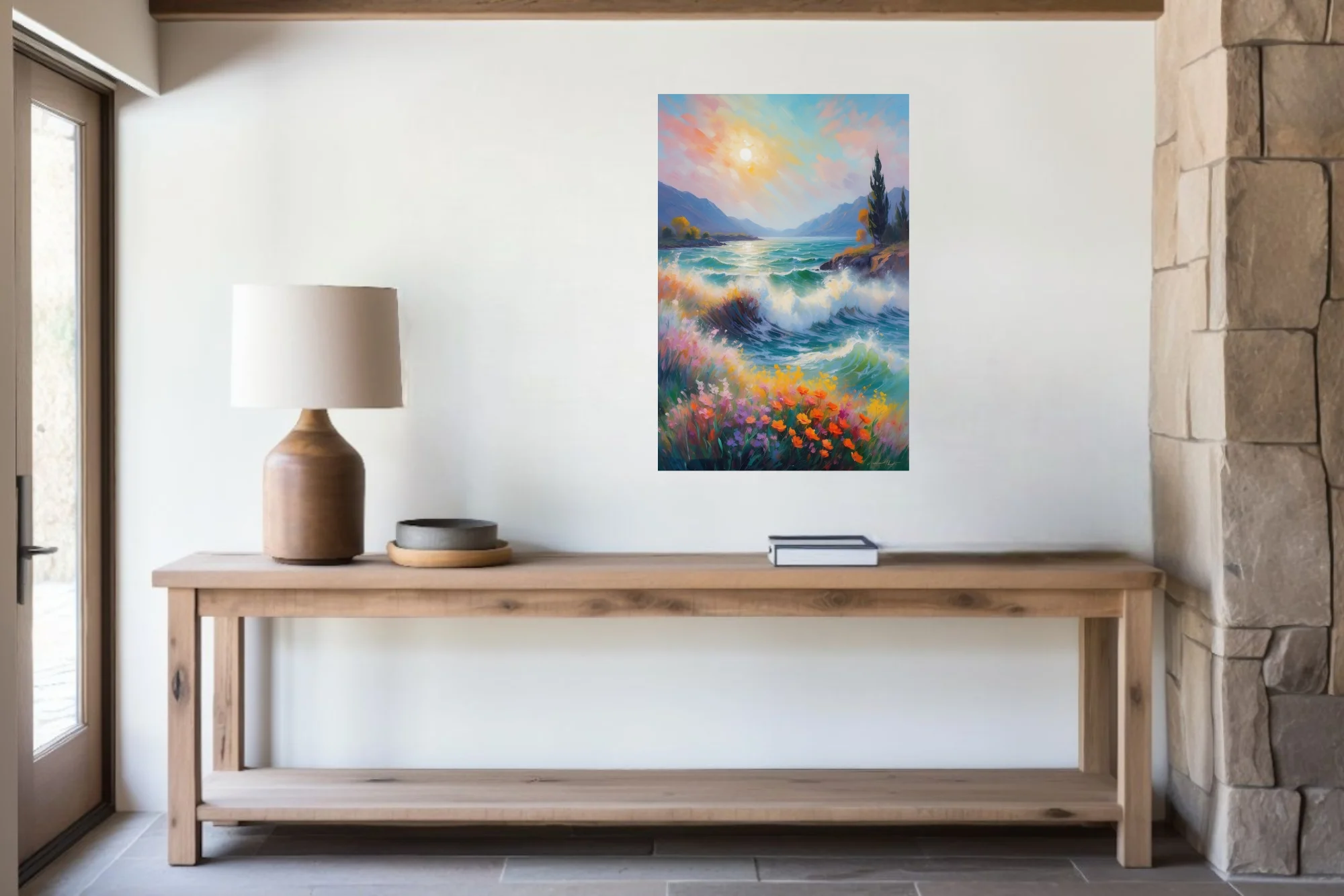 Soft painterly coastal seascape with crashing waves, wildflowers, mountains, and pastel sunlit sky