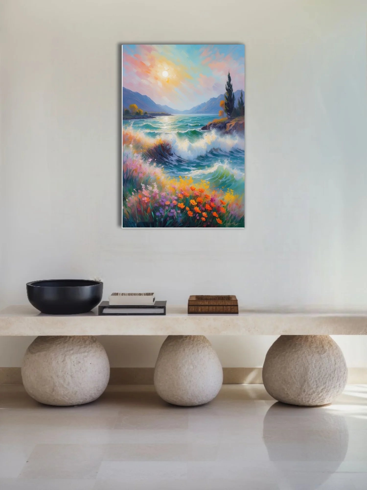Soft painterly coastal seascape with crashing waves, wildflowers, mountains, and pastel sunlit sky