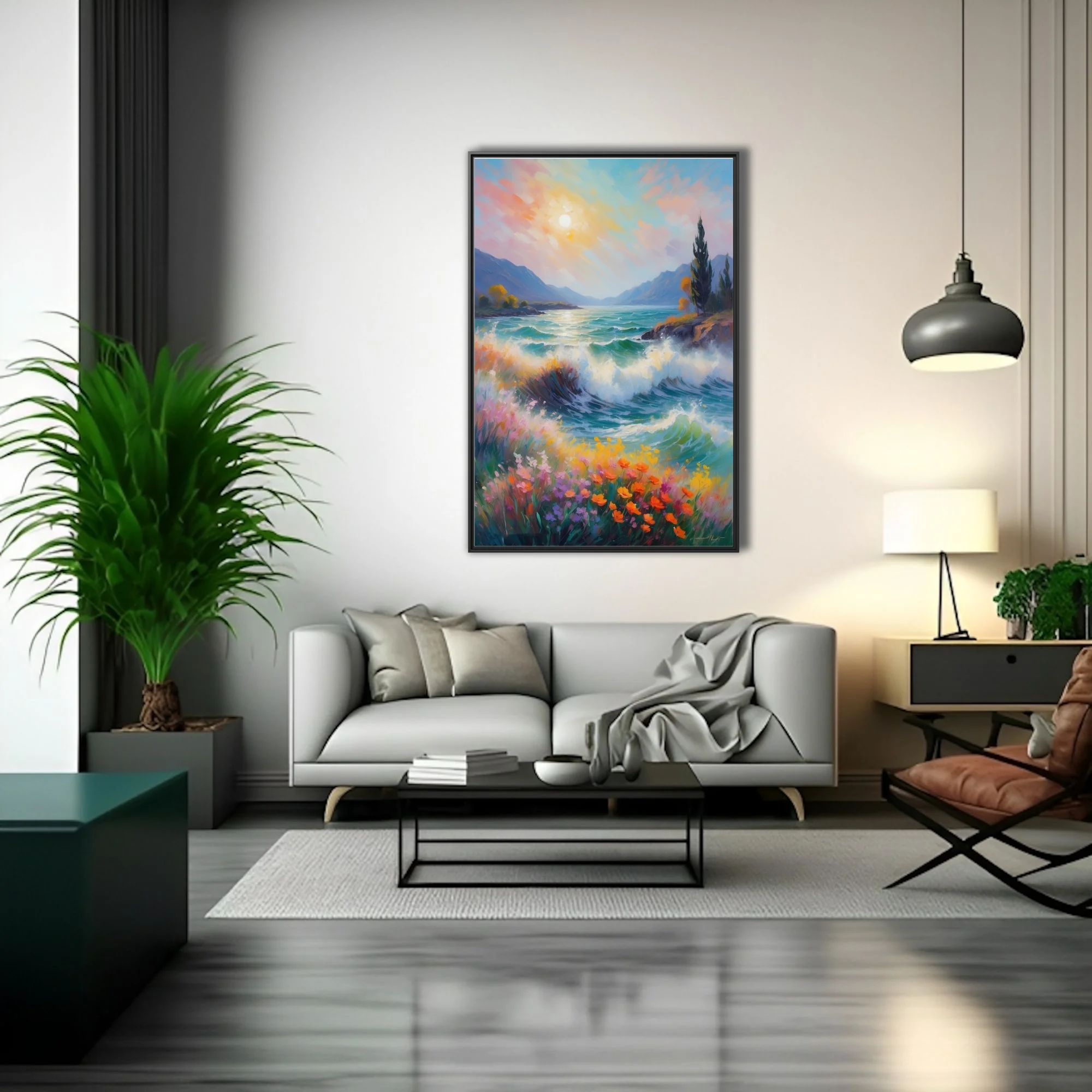 Soft painterly coastal seascape with crashing waves, wildflowers, mountains, and pastel sunlit sky
