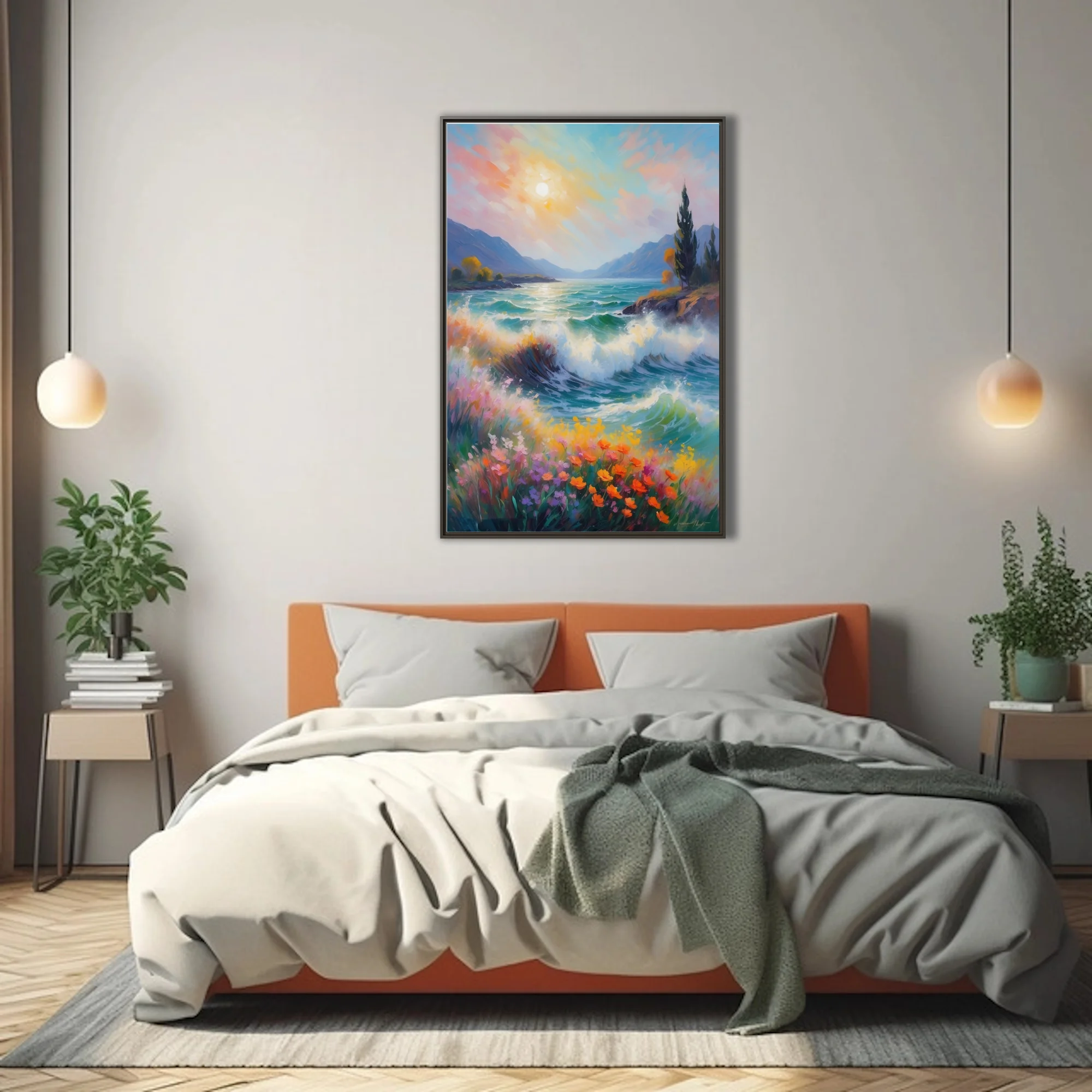 Soft painterly coastal seascape with crashing waves, wildflowers, mountains, and pastel sunlit sky