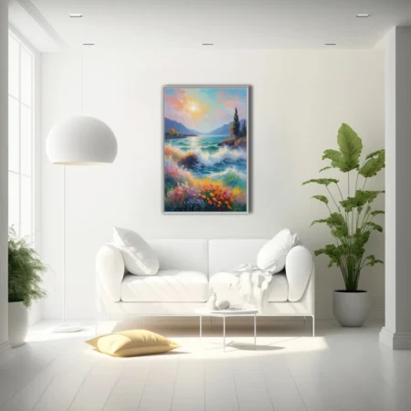 Soft painterly coastal seascape with crashing waves, wildflowers, mountains, and pastel sunlit sky