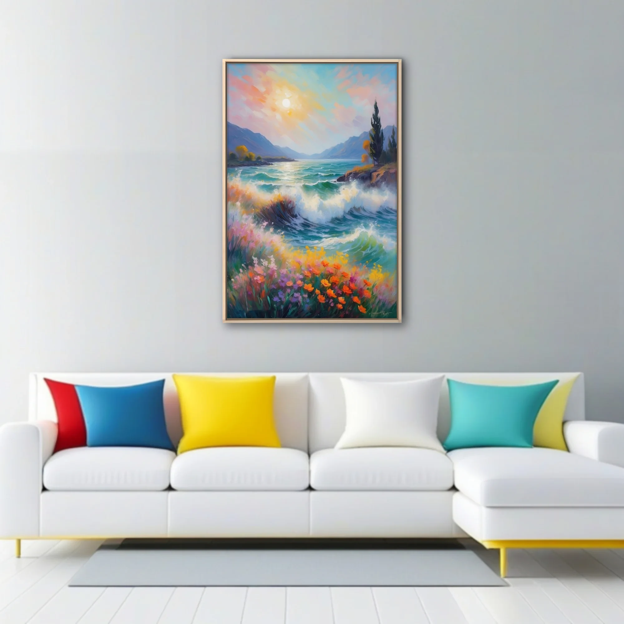 Soft painterly coastal seascape with crashing waves, wildflowers, mountains, and pastel sunlit sky