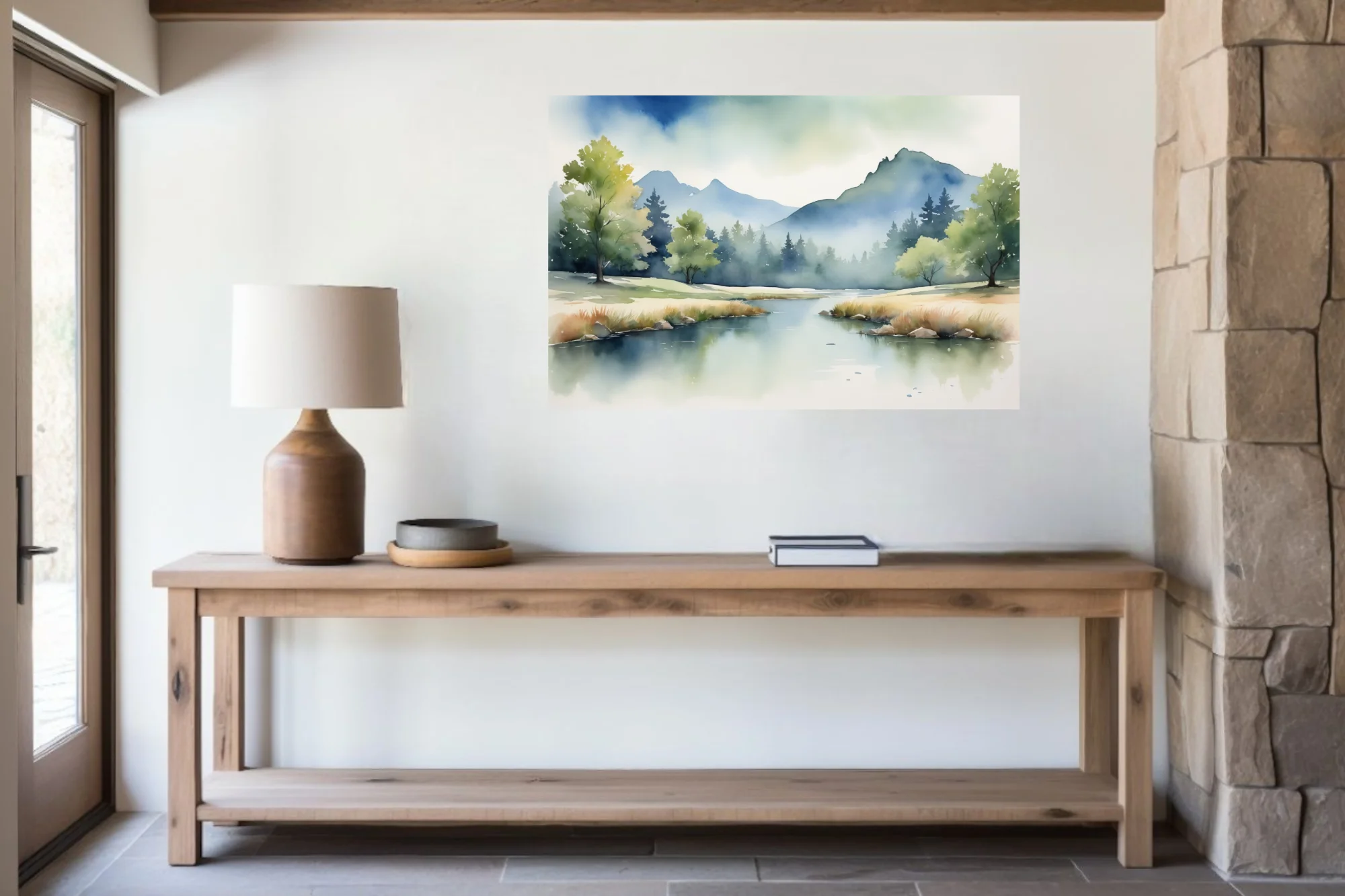 Misty mountain landscape watercolor-style art with calm lake and forest in soft blues and greens