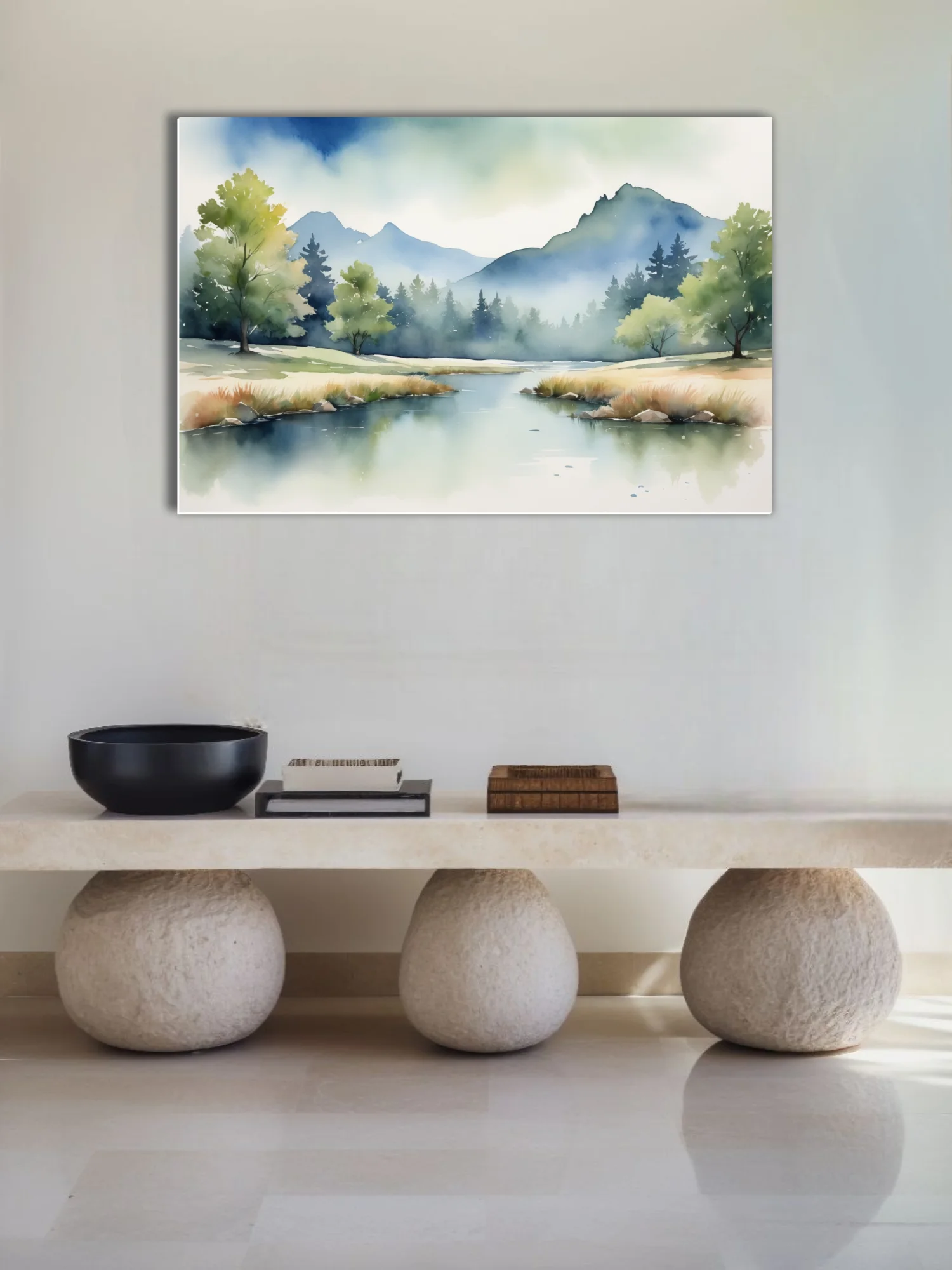 Misty mountain landscape watercolor-style art with calm lake and forest in soft blues and greens