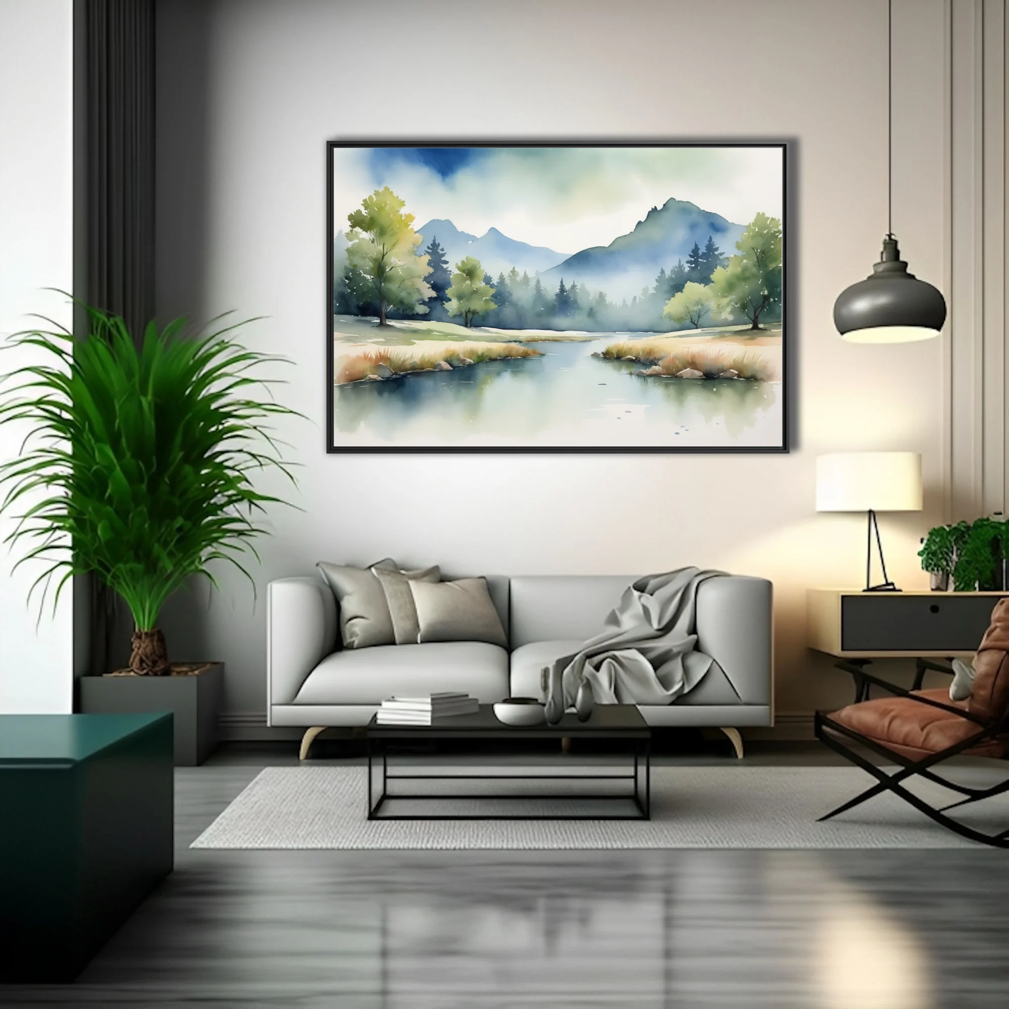Misty mountain landscape watercolor-style art with calm lake and forest in soft blues and greens
