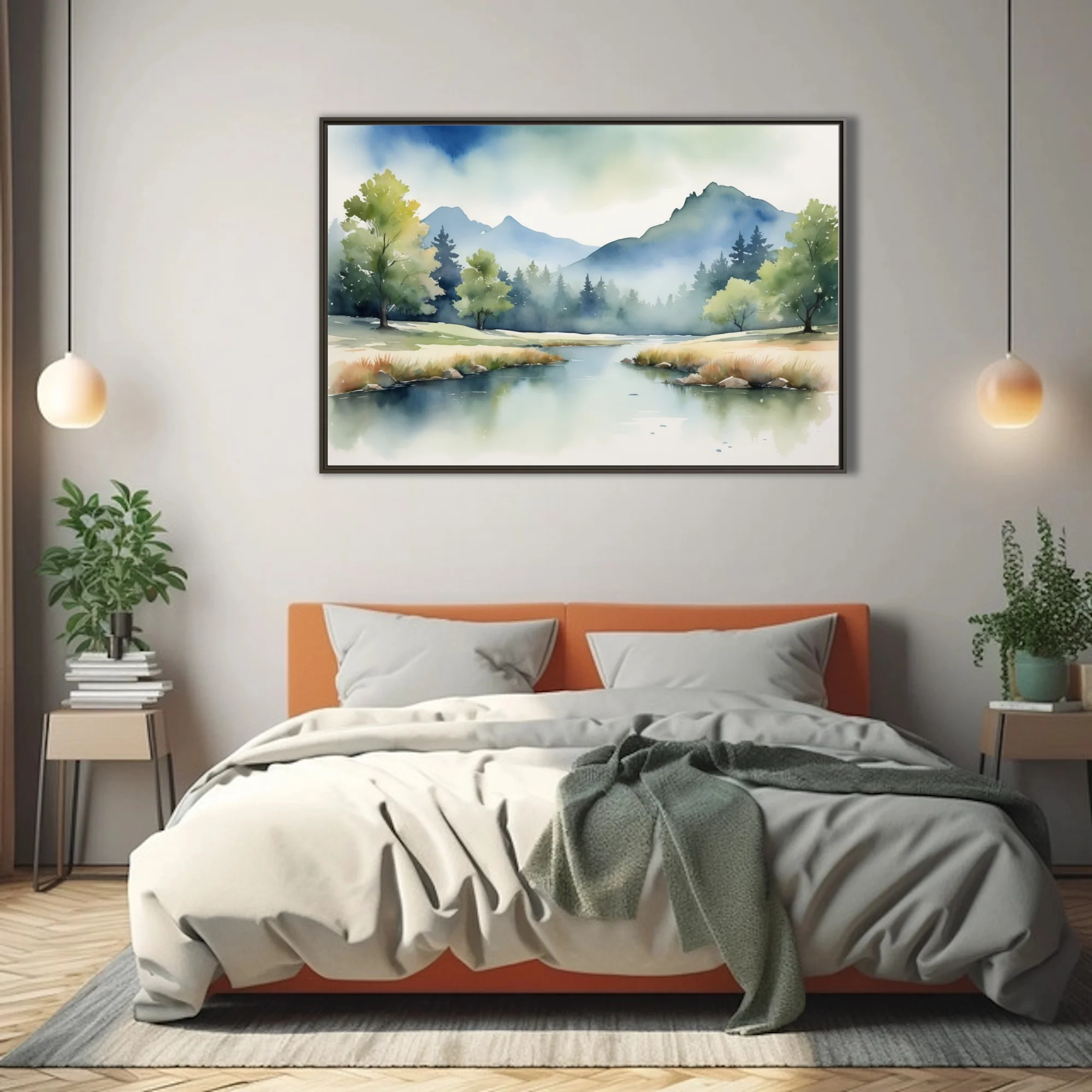 Misty mountain landscape watercolor-style art with calm lake and forest in soft blues and greens