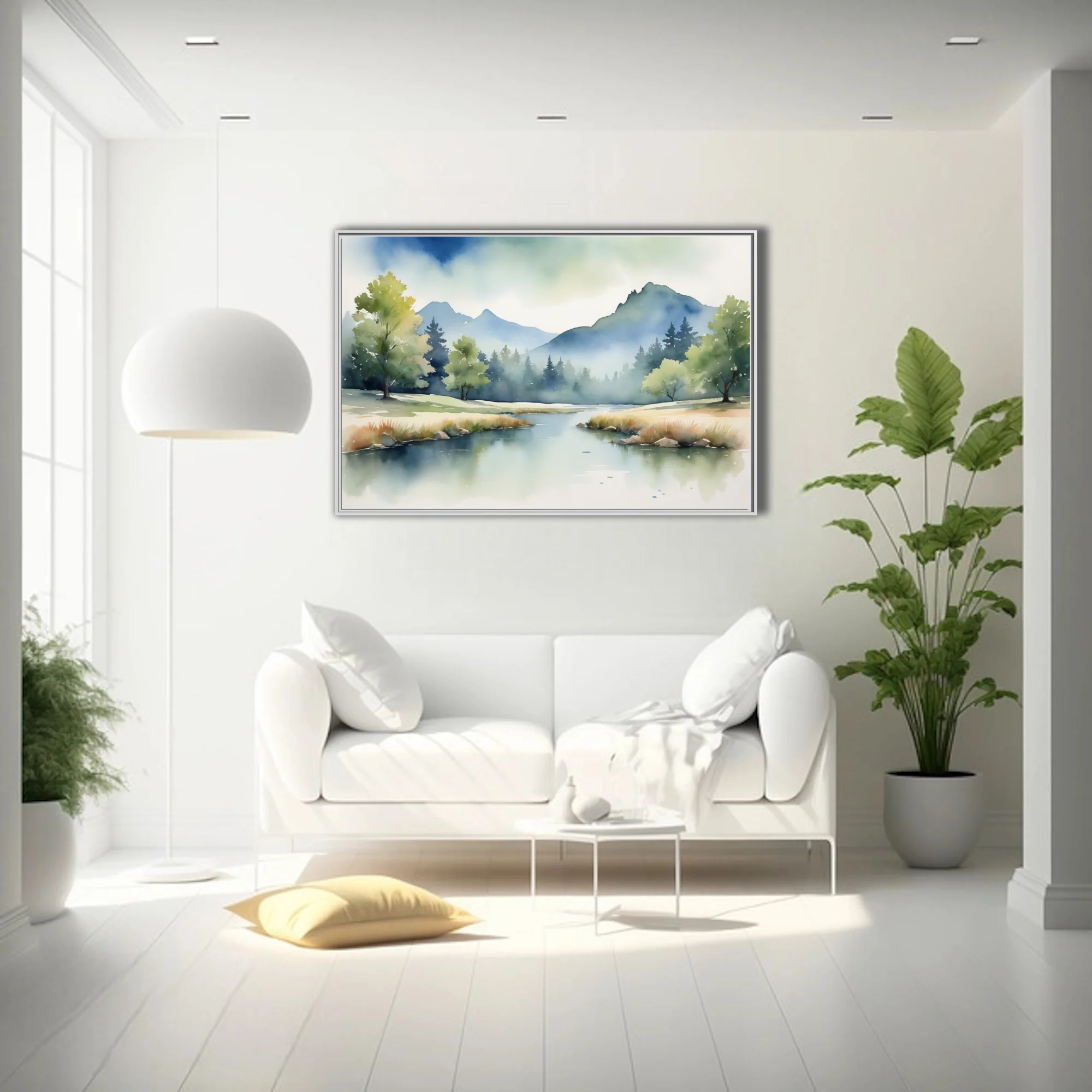 Misty mountain landscape watercolor-style art with calm lake and forest in soft blues and greens