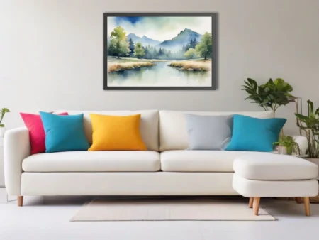 Misty mountain landscape watercolor-style art with calm lake and forest in soft blues and greens