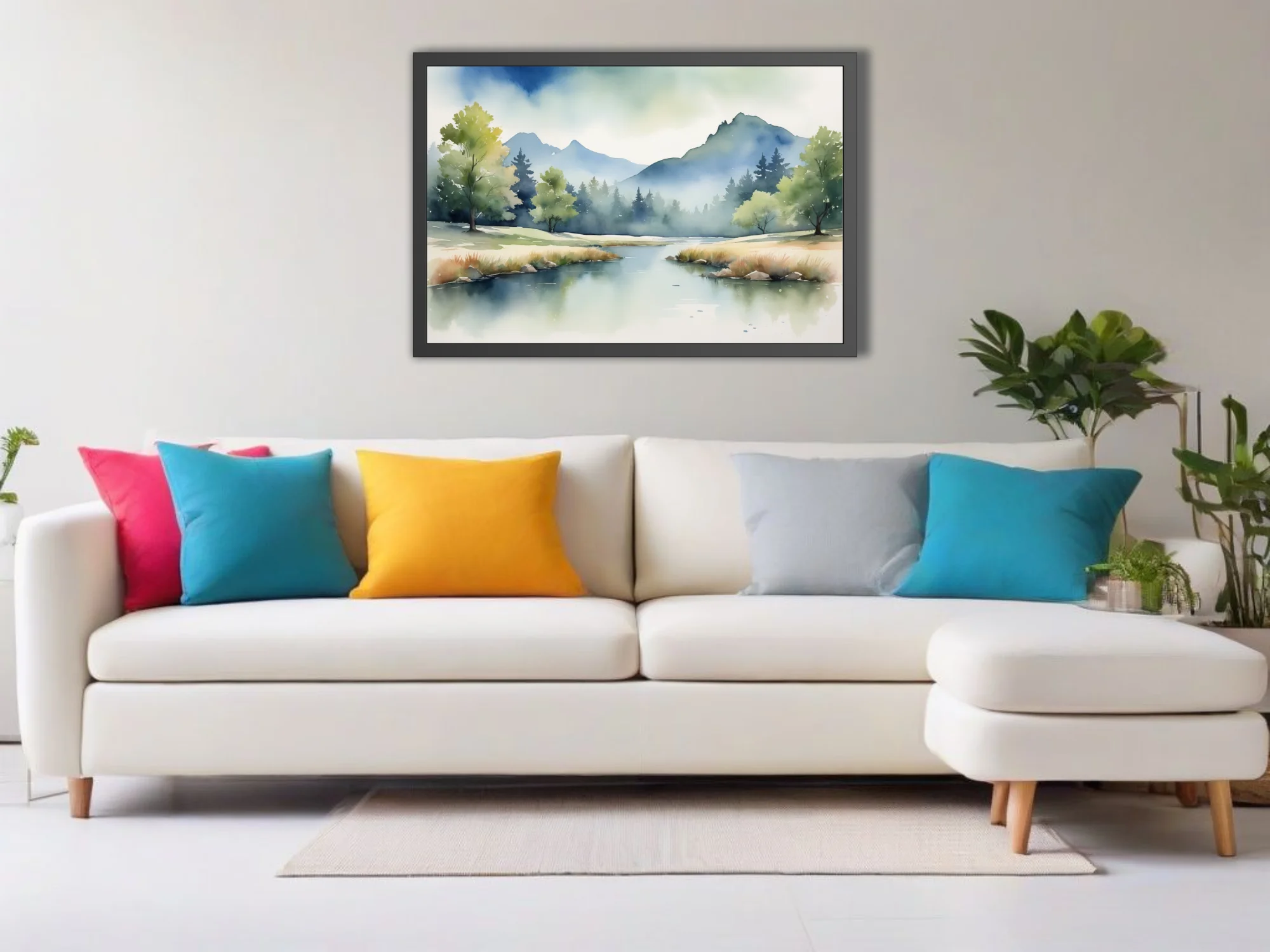 Misty mountain landscape watercolor-style art with calm lake and forest in soft blues and greens