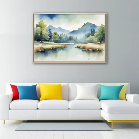 Misty mountain landscape watercolor-style art with calm lake and forest in soft blues and greens