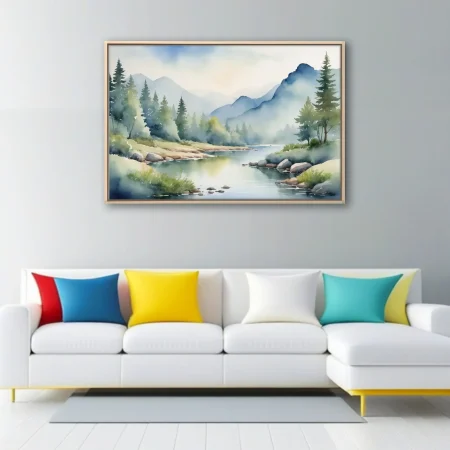 Watercolor-style misty mountain landscape with pines and calm river in soft blues and greens