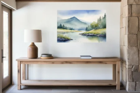 Misty watercolor-style mountain river landscape in soft blues and greens