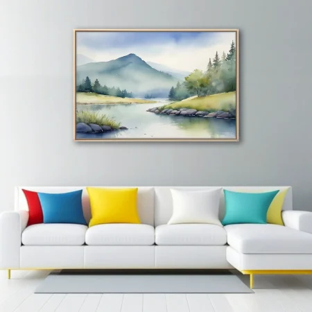 Misty watercolor-style mountain river landscape in soft blues and greens