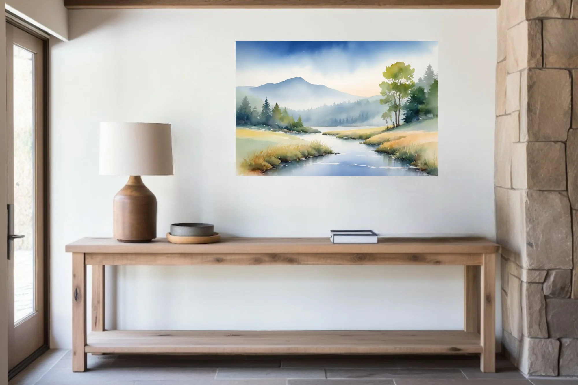 Watercolor-style misty mountain landscape with stream and woodland, soft blue and gold tones