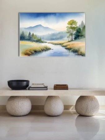 Watercolor-style misty mountain landscape with stream and woodland, soft blue and gold tones