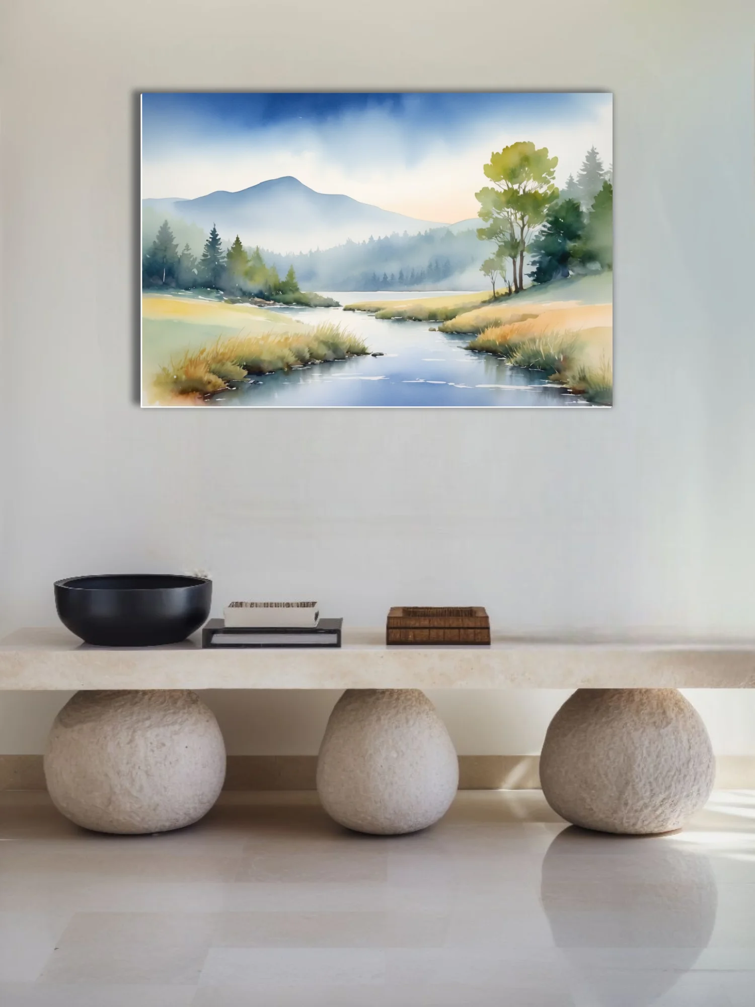 Watercolor-style misty mountain landscape with stream and woodland, soft blue and gold tones