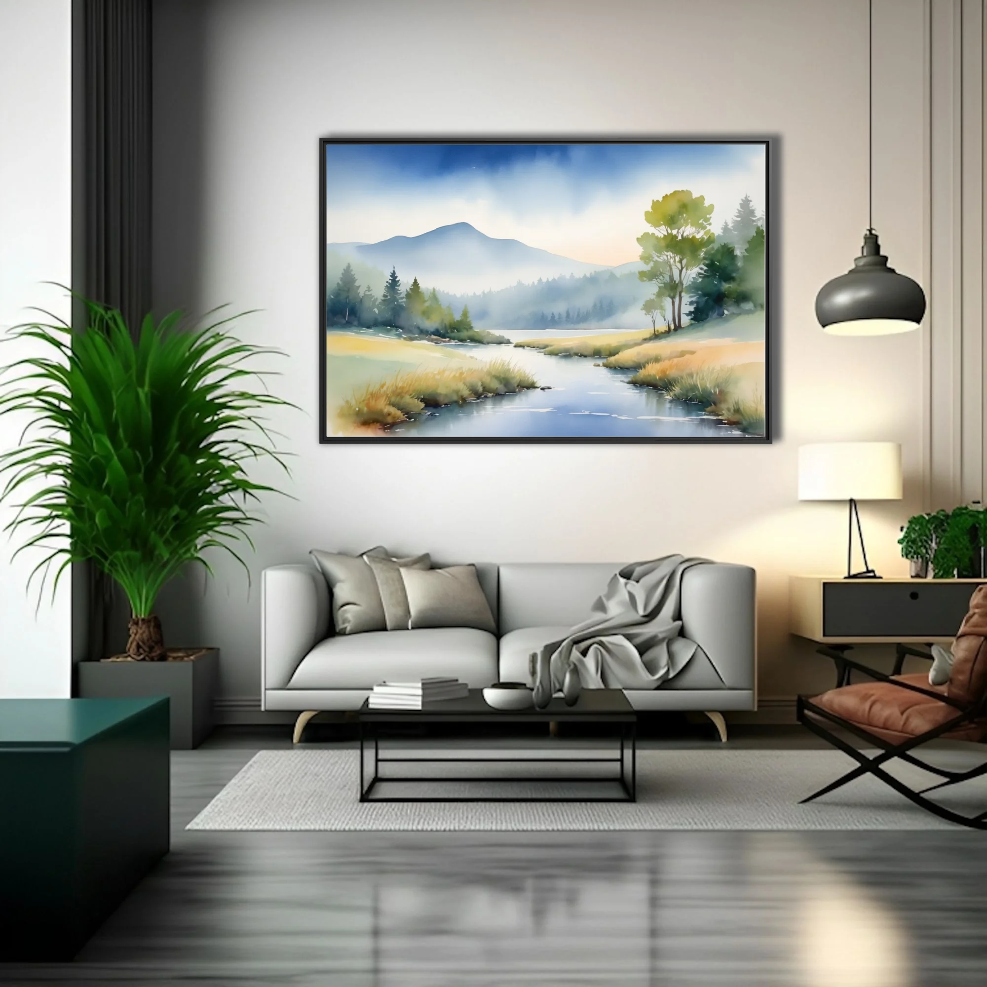 Watercolor-style misty mountain landscape with stream and woodland, soft blue and gold tones