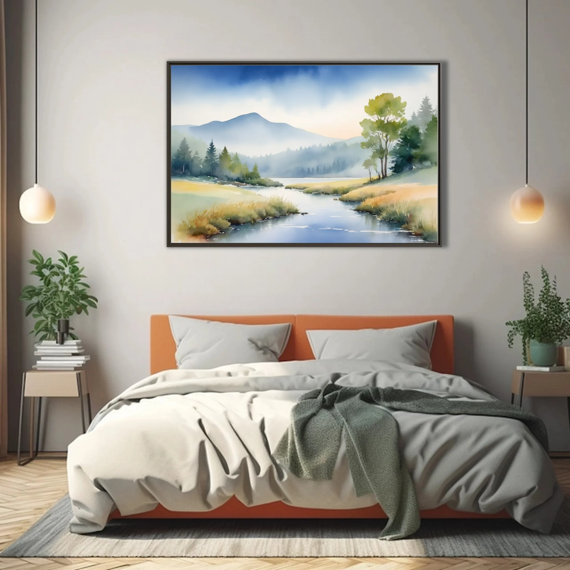 Watercolor-style misty mountain landscape with stream and woodland, soft blue and gold tones