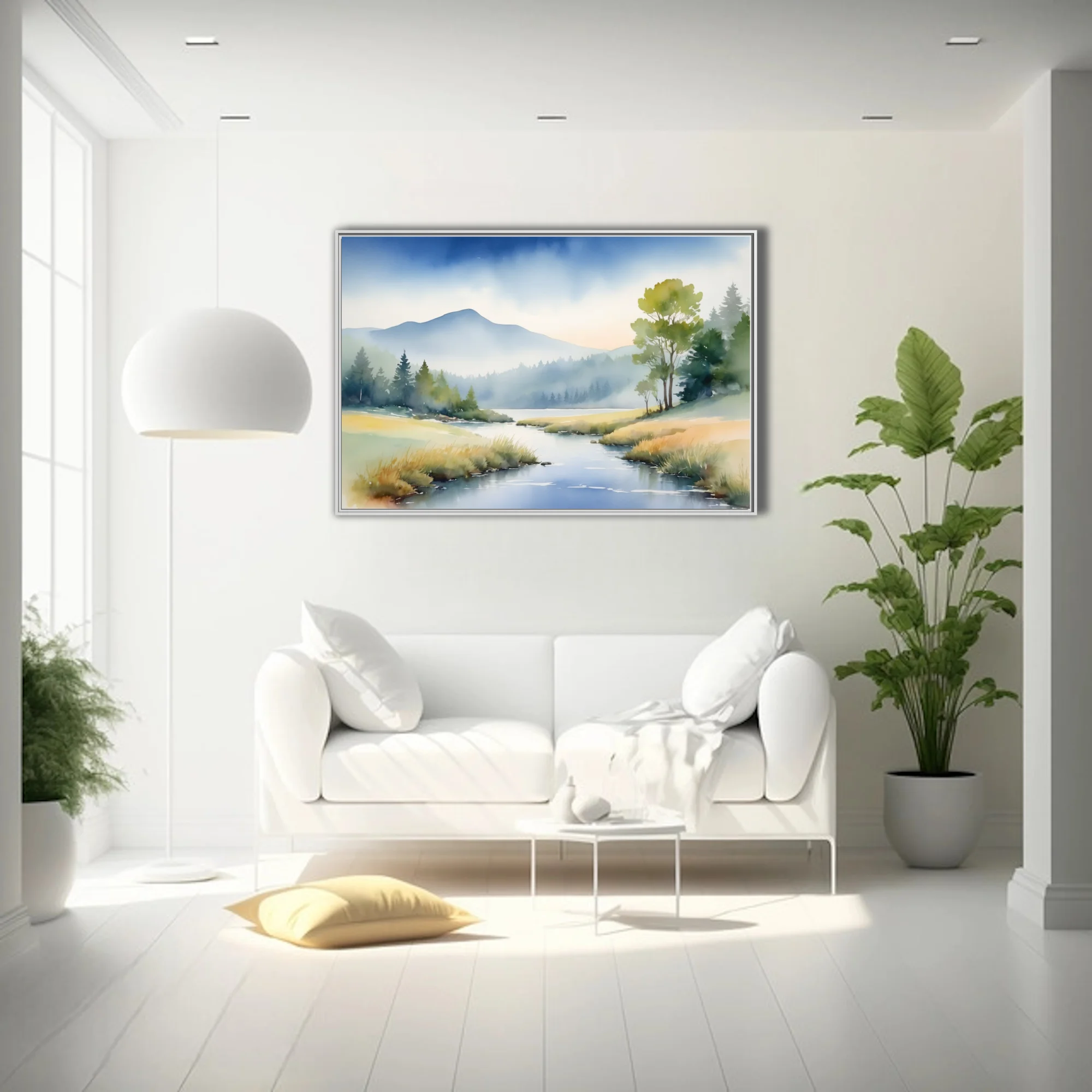 Watercolor-style misty mountain landscape with stream and woodland, soft blue and gold tones