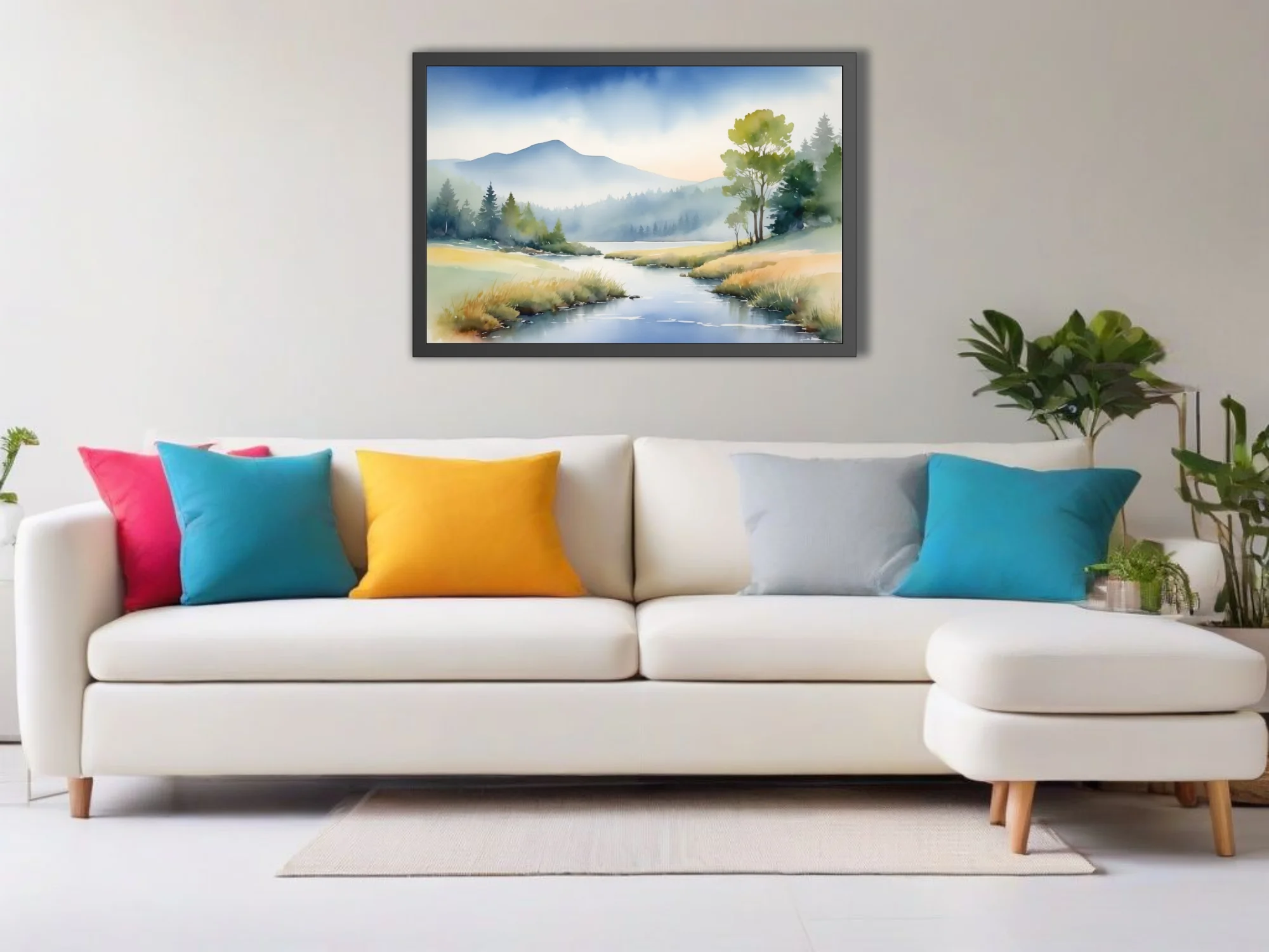 Watercolor-style misty mountain landscape with stream and woodland, soft blue and gold tones
